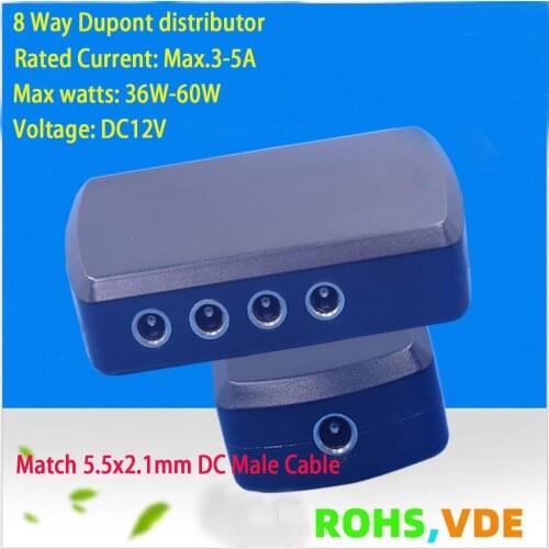 8 Way DuPont Distributor Box 5.5x2.1mm DC Female including 15cm Lenght 5.5x2.1mm DC Male Cable for Single Color LEDs