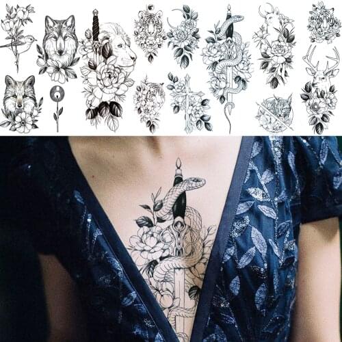 Realistic Snake Flower Fake Tattoo Sticker For Women Men Adult Sword Wolf Lion Tiger Reindeer Temporary Tattoos washable Tatoos