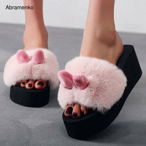 Fashion Beach Rabbit Ear Home Slipper Woman Shoes Bohemia Style Slip-on Open Toe Wedges Warm Winter Slipper Shoes Woman Drop
