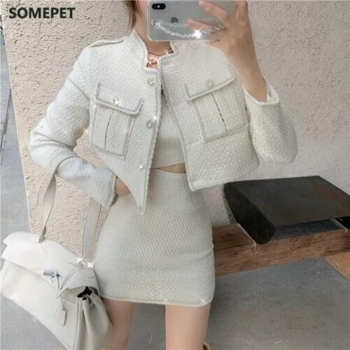 Zircon Glowing Shiny Pocket Tweed Cropped Jacket Women Chic Short Skirt Two Piece A-line Skirt Spring Autumn New Fashion Suit