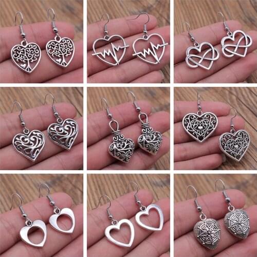 Vintage Hollow Peach Heart Earring Metal Zinc Alloy Antique Silver Color Ornaments Simple Dangle Earrings For Women