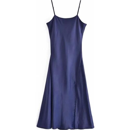 XNWMNZ Za Women Pink Blue Sexy satin camisole midi dress 2021 v-neck adjustable thin straps Backless Split Club Party dresses