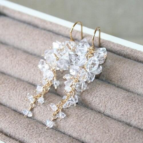 Herkimer Diamond Quartz Long Cluster Earrings, , Clear Stone, Elegant Design Ethiopian Opal and Turquoise Earrings