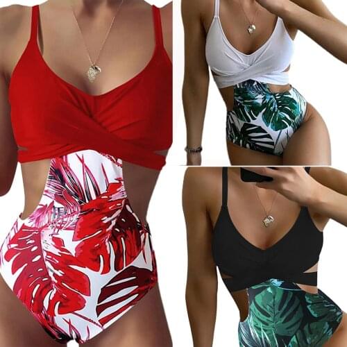 Women’s Sexy Suspender Bikini Fashion Leaves Printed Stitching Bandage Hollow Slim Fit Swimsuit