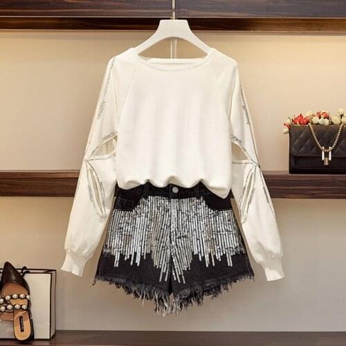 Womens Autumn Plus Size Womens 100kg Micro-fat Sisters Age-reducing Western Style Denim Shorts Two-piece Suit