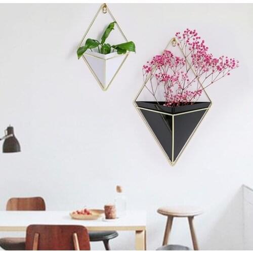 Acrylic flower Pot + Iron Plant Holders Set Indoor Hanging Planter Geometric Vase Wall Decor Succulents Plant Pots MJ707