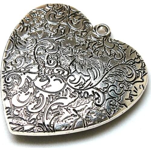 Antique Design Beads Silver Flower Pattern Heart Pendants Big Heart Shape Necklace Pendants For Diy Jewelry Necklace Making