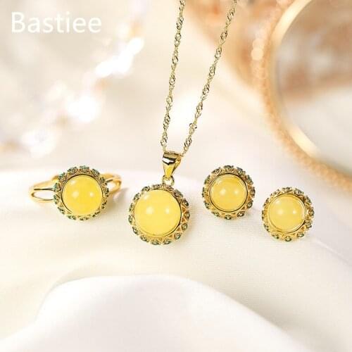 Bastiee Yellow Amber Round Beads Silver 925 Jewelry Sets For Women Rings Necklace Pendant Stud Earrings Gift Golden Plated