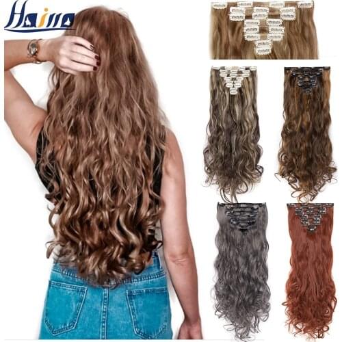 HAIRRO 24Inches 170g 36 Colors Long Straight Synthetic Hair Extensions Clips in High Temperature Fiber Black Brown Hairpiece