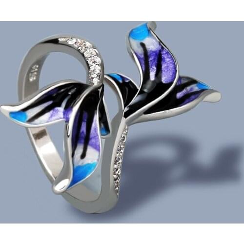 CIZEVA Silver Flower Ring Trendy Ladies 925 Silver Finger Ring Elegant Handmade Enamle Flower Petal Wedding Rings Fine Jewelry