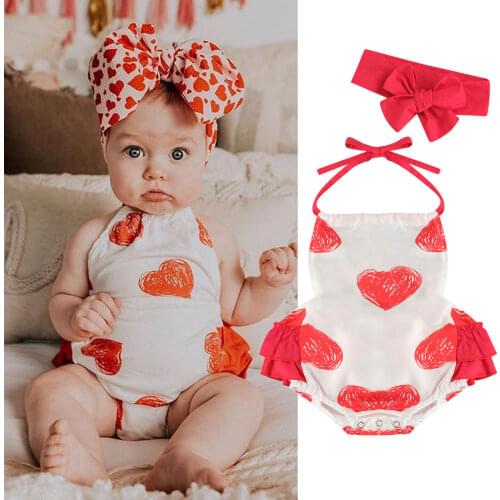 Princess Baby Girls Boys Bodysuits Valentines Day Outfits Heart Print Ruffles Sleeveless Belt Jumpsuits 0-24M