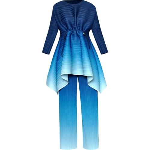 Gradient Ladies Outfits Set Plus Size Drawstring Waistline Loose Top + Wide Leg Pants