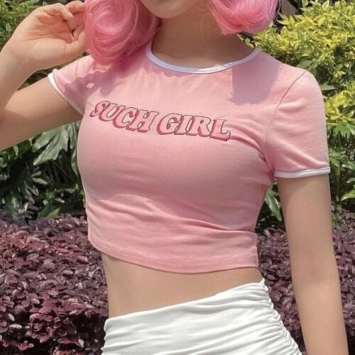 Patched Letter Crop Top y2k Pink T Shirt O Neck Short Sleeve Pullovers Women Harajuku Tee Top Korean Chic Top Summer