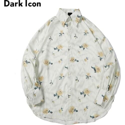 Dark Icon Floral Loose Mens Shirt Long Sleeve Turn-down Collar Koreal Shirts Man