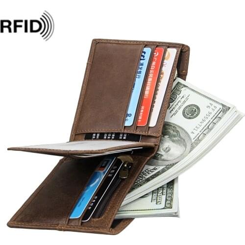 Genuine Leather Mens Wallet RFID Crazy Horse Leather Short Wallet Anti Demagnetization Retro Leisure Money Pure