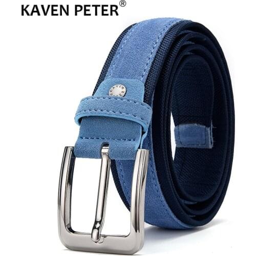 Men Suede Leather Belt With Oxford Fabric Strap Genuine Leather Luxury Pin Buckle Blue Belts For Men 3.5 cm and 4.0 cm Width