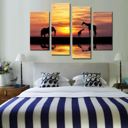4 Panel Wall Art Silhouette Elephant And Giraffes On Riverside In The Sunset Painting Pictures Print Animal For Home Modern