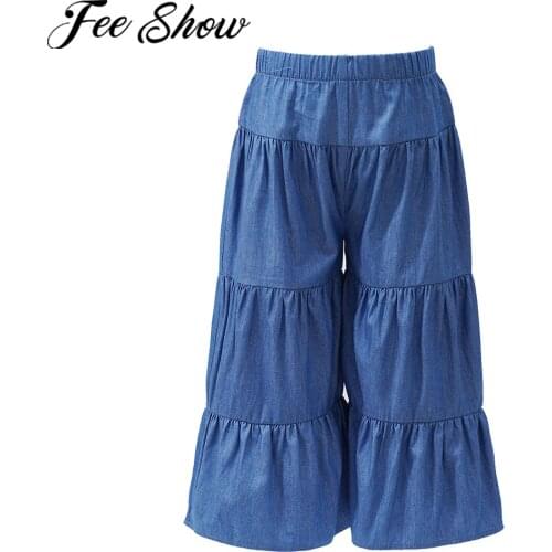 2021 New Kids Girls Jeans Fashion Teenage Girls Ruffle Skirt Style Solid Color Denim Pants Children Cropped Trousers 4-16 Years