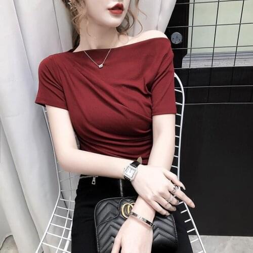 News Popular T-Shirt Solid Sexy Womens Wear Slash Neck Short Sleeve Summer Fashion Skinny Female Clothes Girl Tshirt Tops