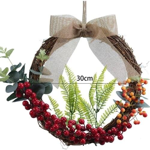 New Christmas Artificial Red Berry Wreath Green Leaf Lattice Bow Half-covered Hanging Flower Ring Day Decoration