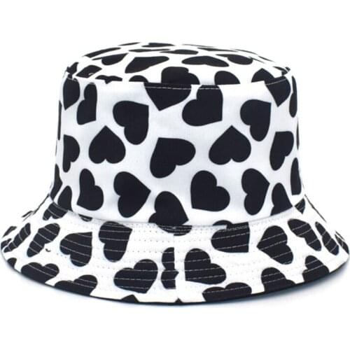 Printed-Heart Bucket Hats Cotton Foldable Beach Sunhats Fisherman for Women Men Casual Panama in Summer