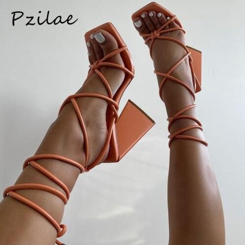 Pzilae 2021 Summer Womens Sandals High Heels Fashion Solid Color Strap Party Shoes Square Head Lace-Up Style Plus Size 35-42