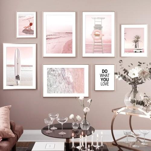 Pink Sea Beach Surfboard Palm Tree Flower Wall Art Canvas Painting Nordic Posters And Prints Wall Pictures For Living Room Decor