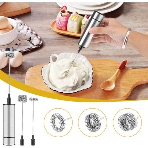 Kitchen Handheld Milk Frother with 3 Spring Whisk Head Stainless Steel Electric Coffee Milk Foamer Whisk Drink Mixer Foam Maker