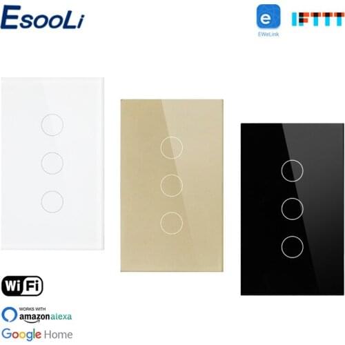 EsooLi US Standard WIFI 3 Gang 1 Way Touch Wall Switch Crystal Glass Panel Ewelink Smart Home Light Switch Null and Fire Line