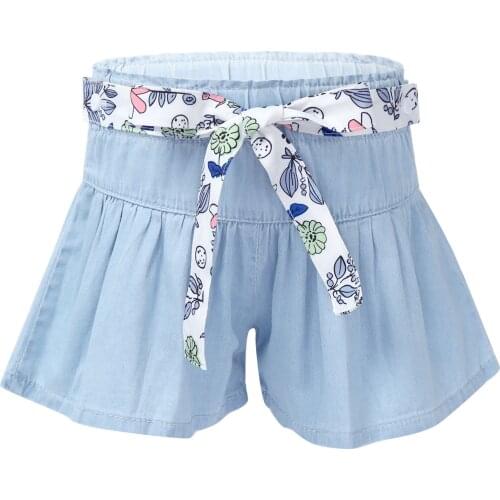 Baby Girls Shorts Summer Children Clothing Floral Print Denim Shorts with Belt For Girl 2021 Kids Casual Cotton Short Jean Pants