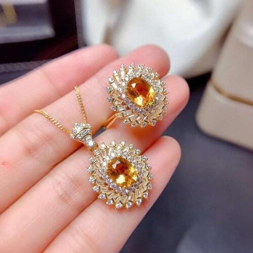 High-quality Citrine Super Flash Pendant Necklace Ring Set S925 Fine Fashion Wedding Jewelry for Women Free Shipping MeibaPJFS