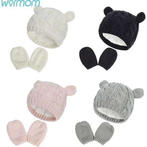 Warmom Baby Kids Girls Boys Winter Warm Knit Hat Ear Solid Warm Cute Newborn Baby Glove Hat Set Lovely Beanie Cap 0-18Months