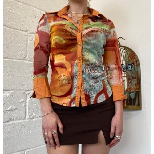 Fairycore T-Shirt Tie Dye Print Women Grunge Harajuku Fashion T-Shirts Long Sleeve Slim Casual Autumn Clothes Button Up Tops