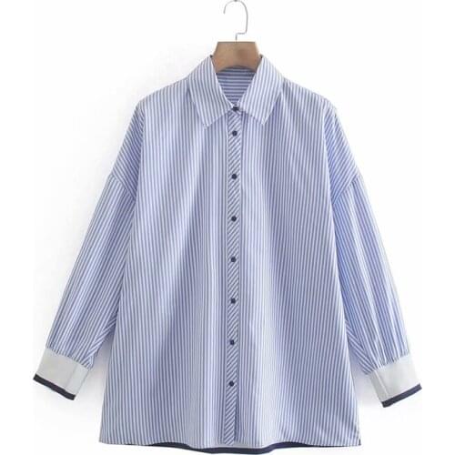 Women Shirt Za 2021 Fashion Blue Top Ribbed Striped Turn-Down Collar Loose Shirts Female High Street Chic Mujer Dropshipping