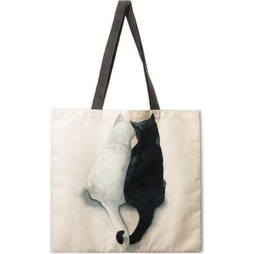 Watercolor art cat linen shopping bag ladies shoulder bag foldable shopping bag fashion beach bag handbag