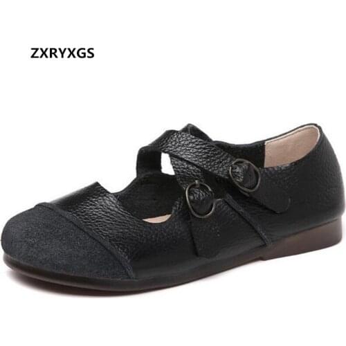 2021 Autumn Genuine Leather Splicing Retro Shoes Women Flats Casual Comfortable Mother Shoes Cross Buckle Soft Sole Flat Shoes