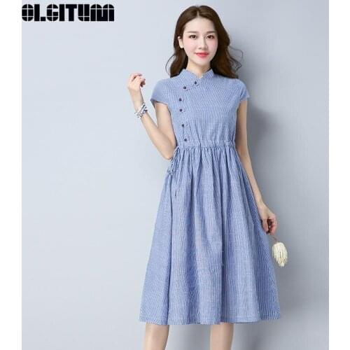 OLGITUM New 2020 The Large Size Womens Striped Cotton and Linen Temperament DressLiterary Short-sleeved Retro Dress DR997
