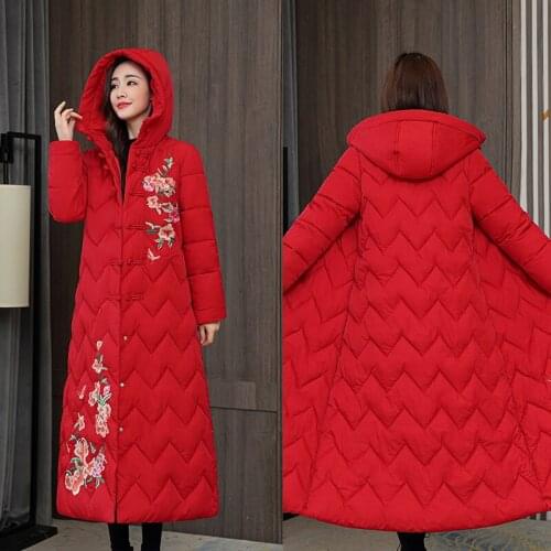 Women Embroidered Flowers coat Winter Long Warm Jacket Thick Parka Plus Size Hood Overcoat