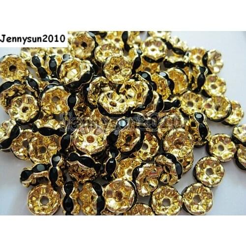 200pcs/lot 10mm Top Quality Czech Jet Black Crystal Rhinestone Pave Wavy Rondelle Metal Spacer Loose Beads Jewelry