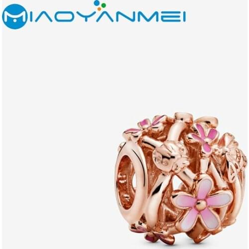 2020 Spring Fit Original Pandora Bracelets 925 Sterling Silver Beads Openwork Pink Daisy Flower Charm Women DIY Fashion Jewelry