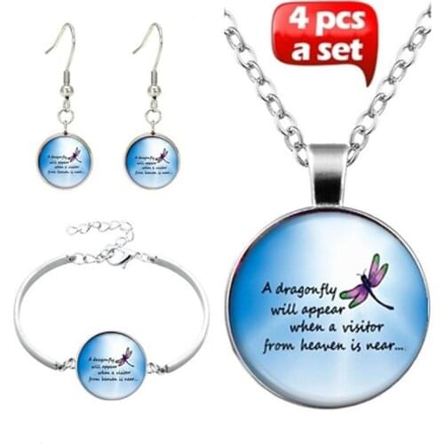 4Pcs/Set A Dragonfly Heaven Art Photo Cabochon Glass Jewelry Set Fashion Necklace Bracelet Earring Jewelry Sets for Women Gifts