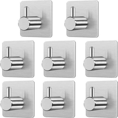 8PCS No Drilling Robe Hooks Self Adhesive Stainless Steel Towel Coat Key Wall Door Hanger for Kitchen Bathroom Bedroom