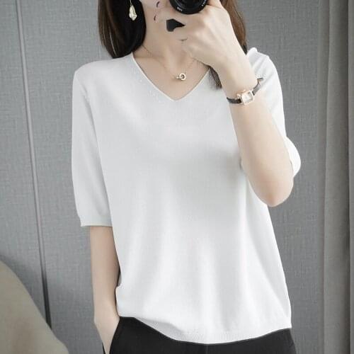 BARESKIY T-shirt Ladies V-neck Pure Cotton Short Sleeve Casual T-Shirt Knitted Loose Plus Size Top Ladies 2021 Summer T-Shirt