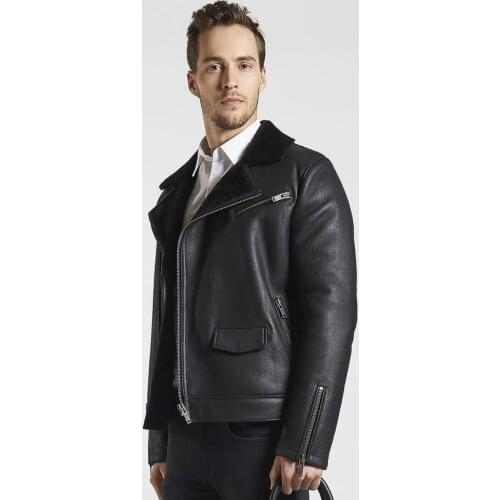 Free shipping Fast Fashion genuine lea ther jacket men black sheepskin biker leather jacket winter men leather jacket