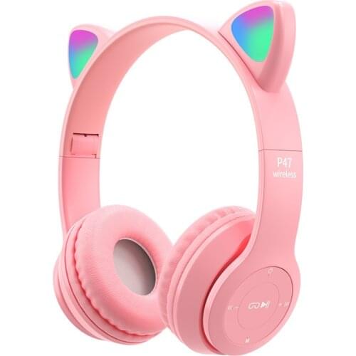 P47 LED Cute Light Effect Cat Ear Headset Bluetooth 5.0 Wireless Girl Child Gaming Headphone Stereo Bass With Microphone