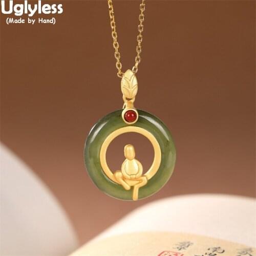 Uglyless Buddhistic Meditate Monk Necklaces for Women Creative Figure Pendants + Chains Jade Circles Fashion Jewelry 925 Silver