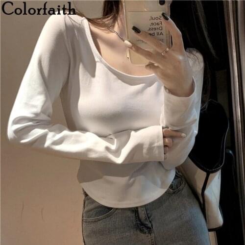 Colorfaith New 2021 Womens Spring Autumn T-shirt Bottoming Basic Korean Fashionable Sexy Wild Lady Split Elasticity Tops T1115