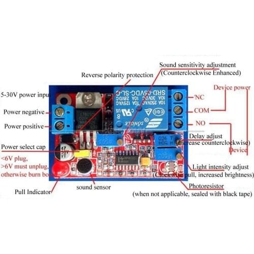 DC 5V 12V 24V Sound Sensor / Light Control Relay Switch Module Adjustable Delay