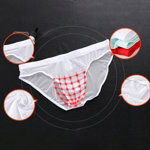 Mens Sexy See-through Underwear Ice Silk Briefs Mesh Sheer Pouch Stretchy Seamless Panties Breathable Transparent Underpants