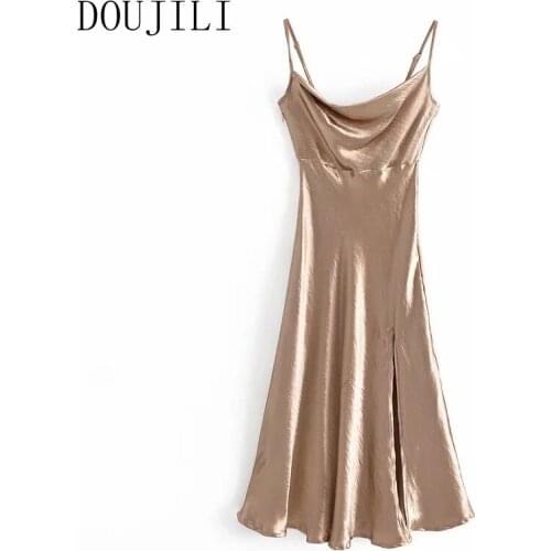 DOUJILI Elegant Women Dress Summer Style Strap Sleeveless Backless Pleated Soft Silk Short Dresses For Ladies